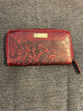 Valenchi Leather Red Embossed Floral Zip Wallet